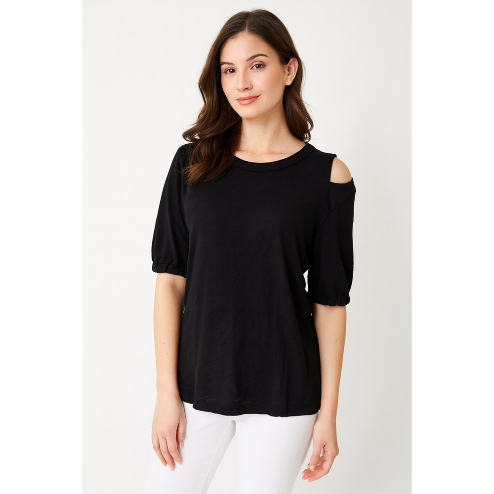 WILT Black Short Sleeve Shrunken Crew Neck Cold Shoulder Top, Size S